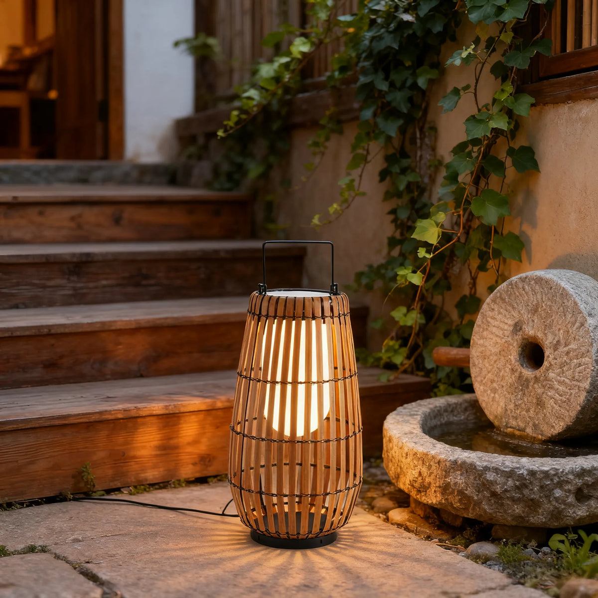 Bamburo Modern Wooden Path Lamp - Brown/Gray Solar Light for Outdoor Garden