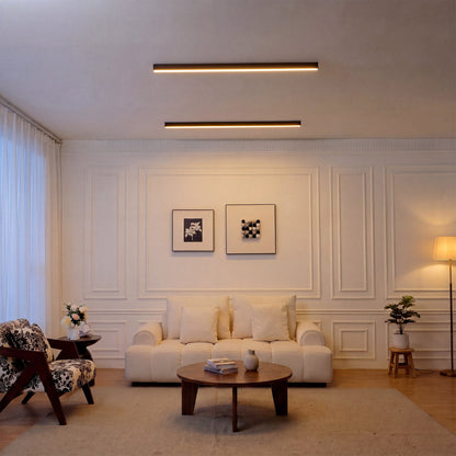 A pair of minimalist black Flush Mount Light fixtures above a neutral living room, keeping the ceiling visually clean while adding soft overhead brightness.