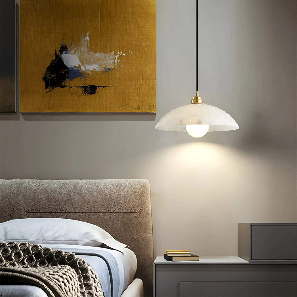 Modern Alabaster Pendant Light with Copper Accents