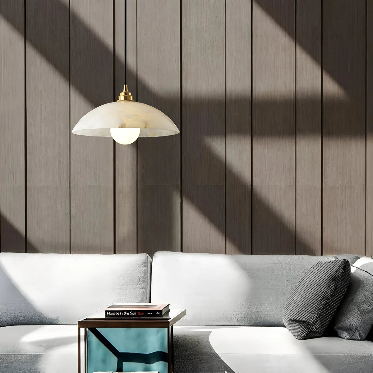 Modern Alabaster Pendant Light with Copper Accents