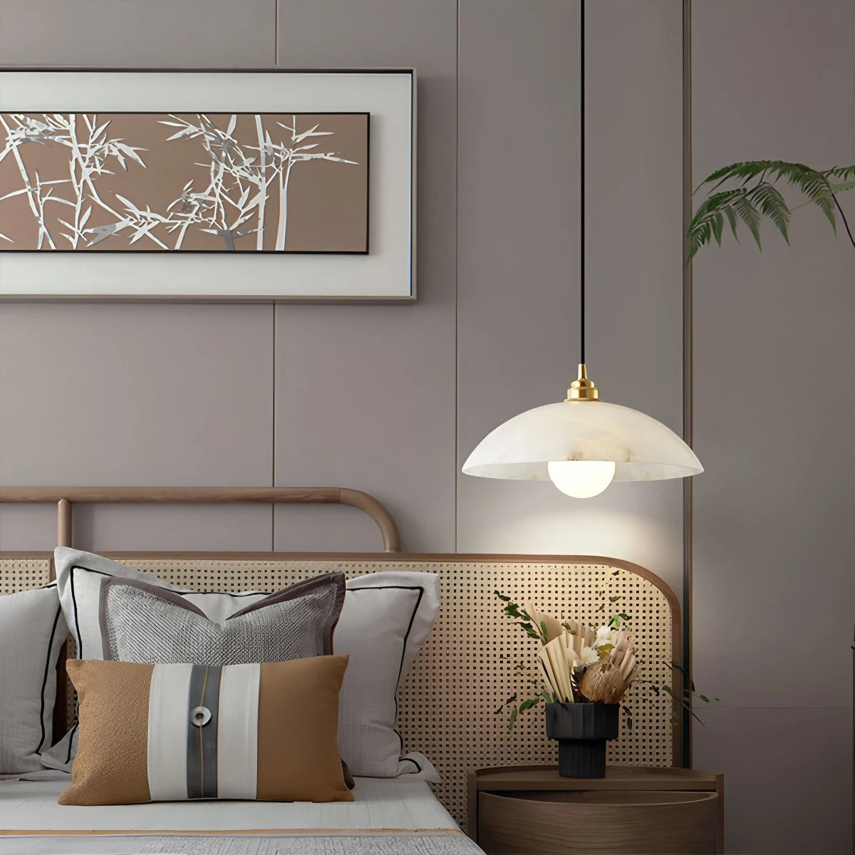 Modern Alabaster Pendant Light with Copper Accents