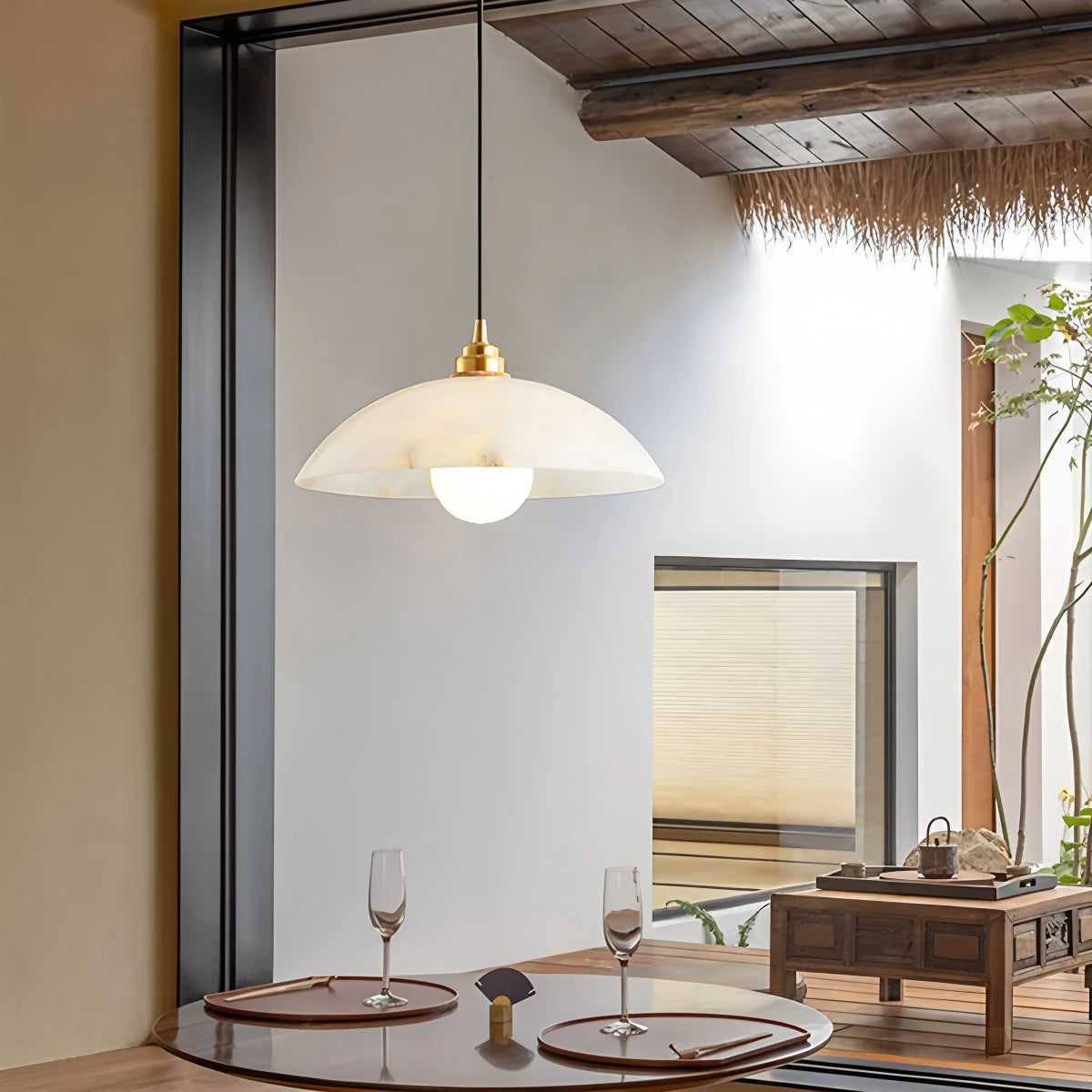 Modern Alabaster Pendant Light with Copper Accents