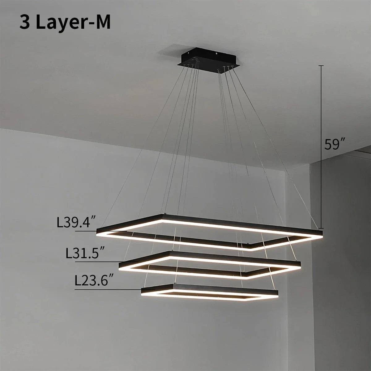Modern Black Rectangular Chandelier - Tiered Linear Pendant Light for Dining Table & Island