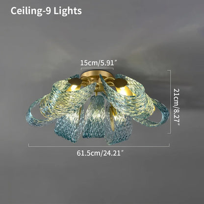 Blue Rippled Glass Chandelier for Dining Room