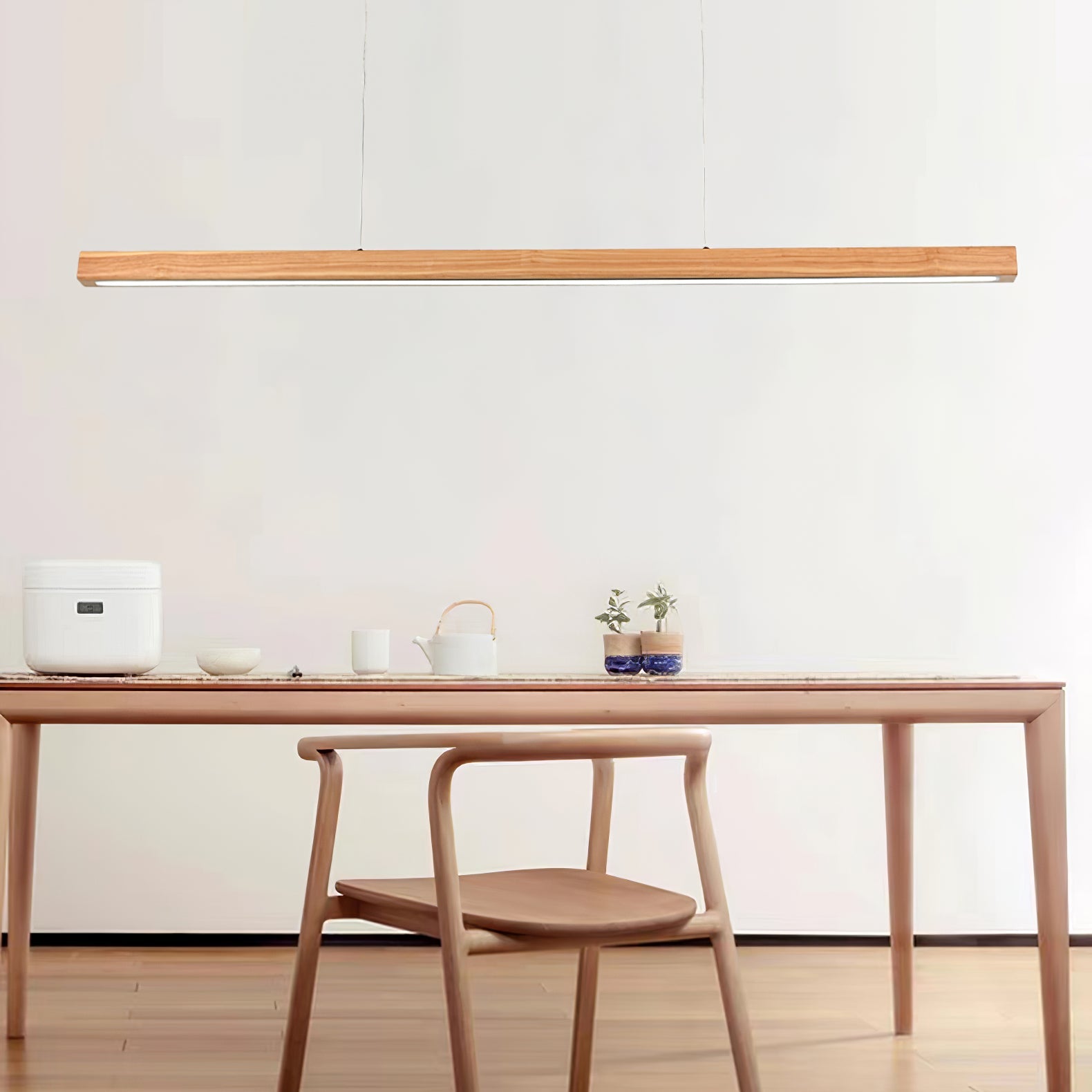 Linear Wood Pendant Light - Modern Organic Hanging Bar for Kitchen Island & Dining Table