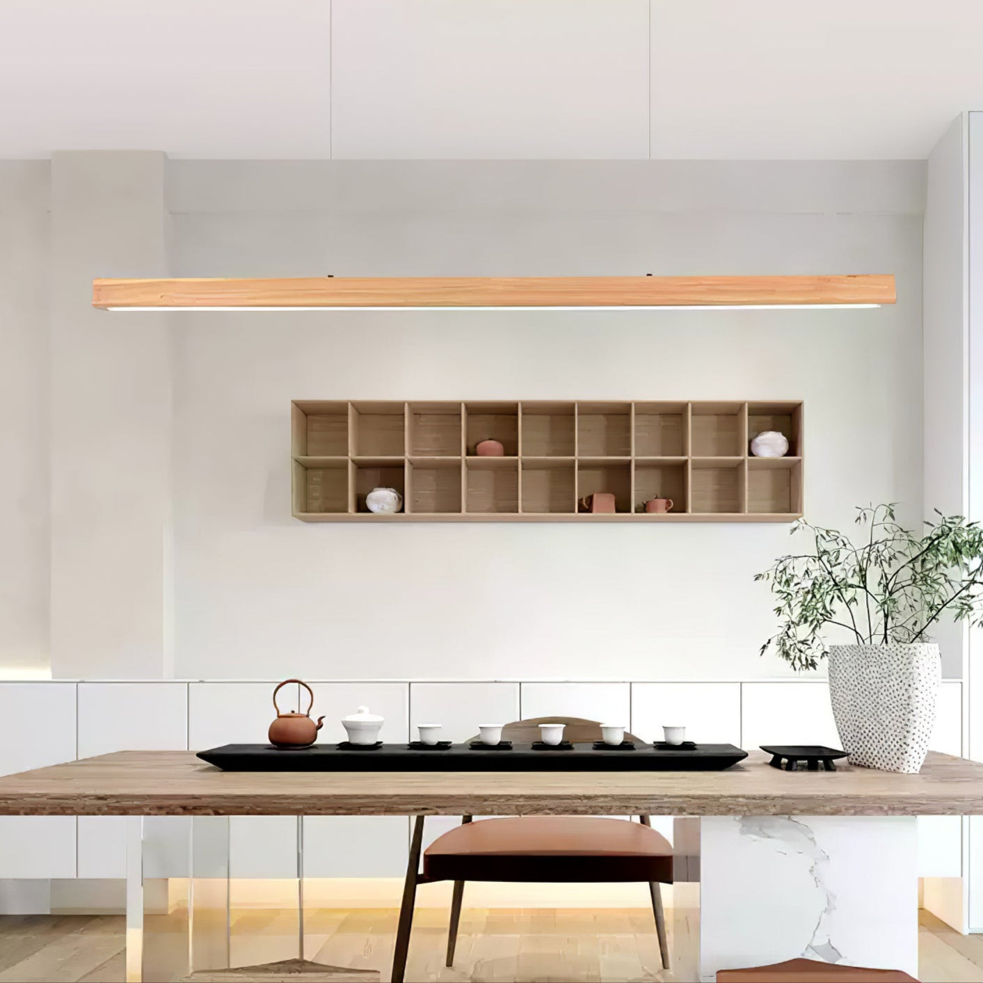 Linear Wood Pendant Light - Modern Organic Hanging Bar for Kitchen Island & Dining Table