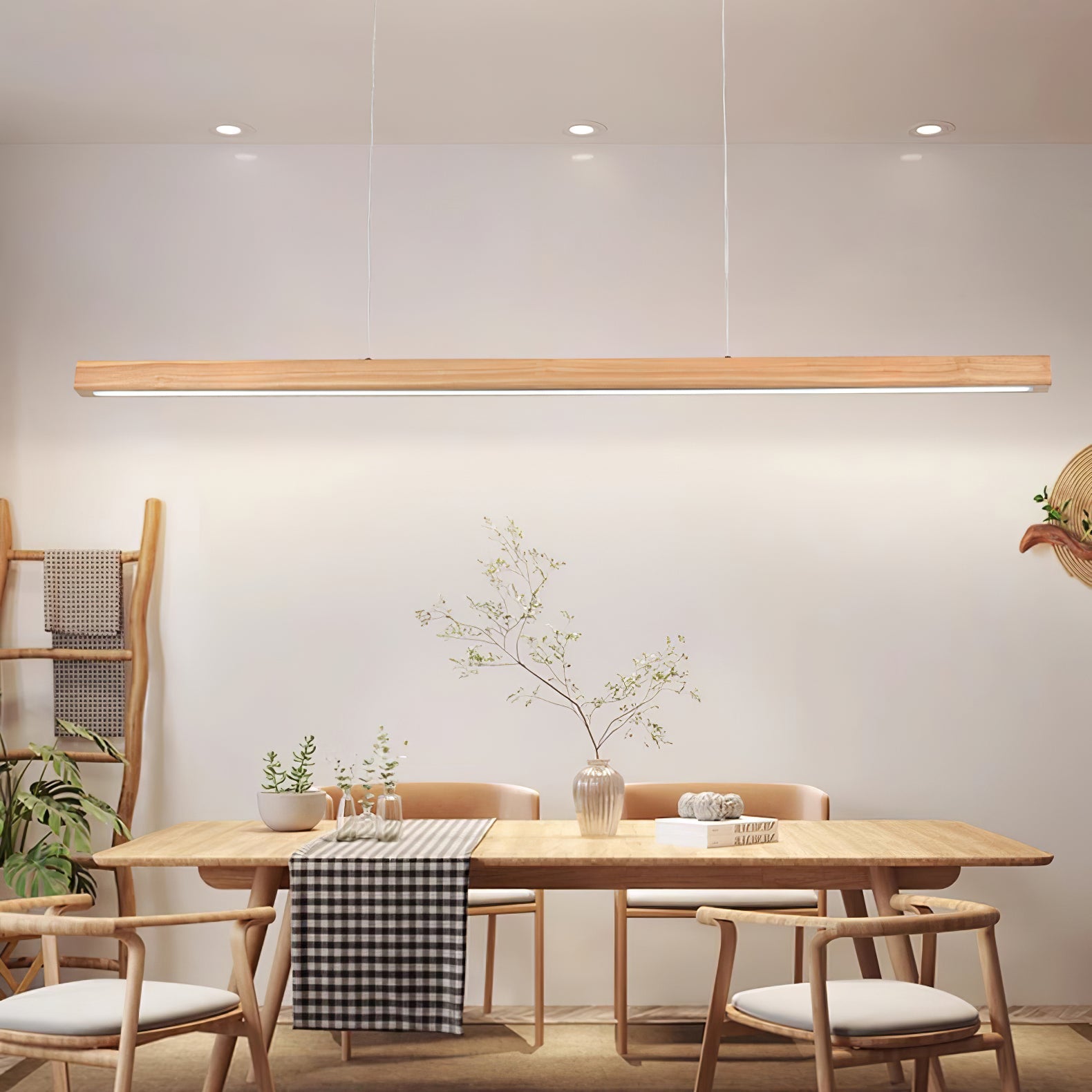 Linear Wood Pendant Light - Modern Organic Hanging Bar for Kitchen Island & Dining Table