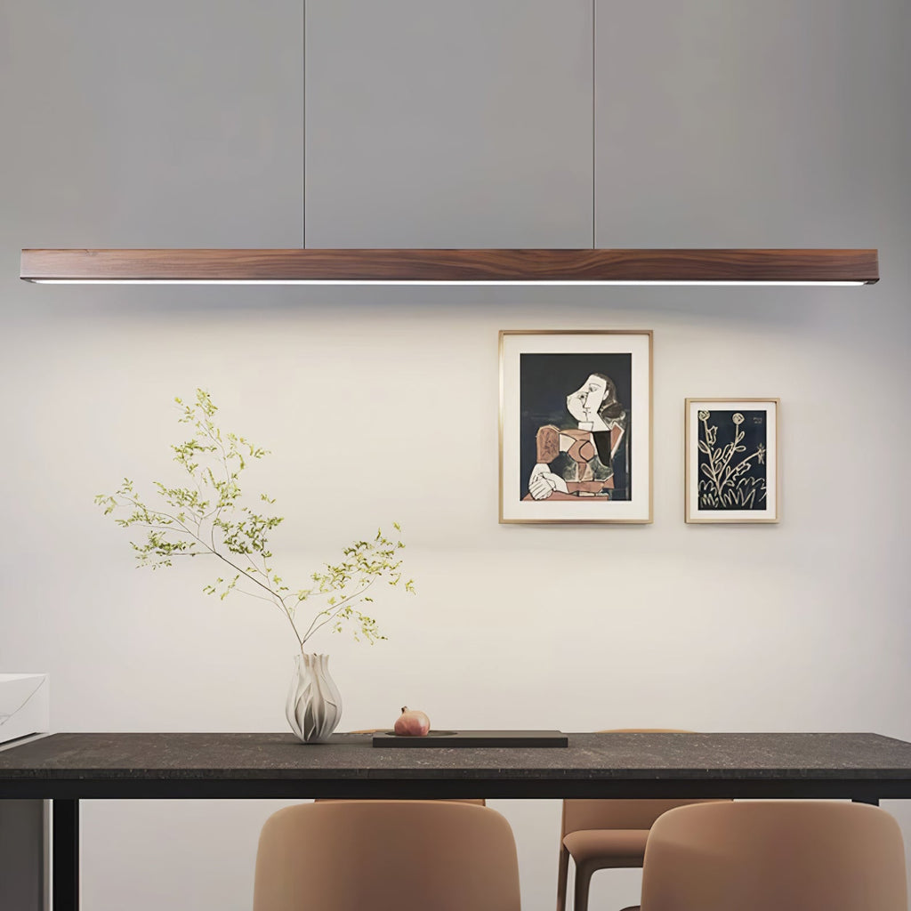 Linear Wood Pendant Light - Modern Organic Hanging Bar for Kitchen Island & Dining Table