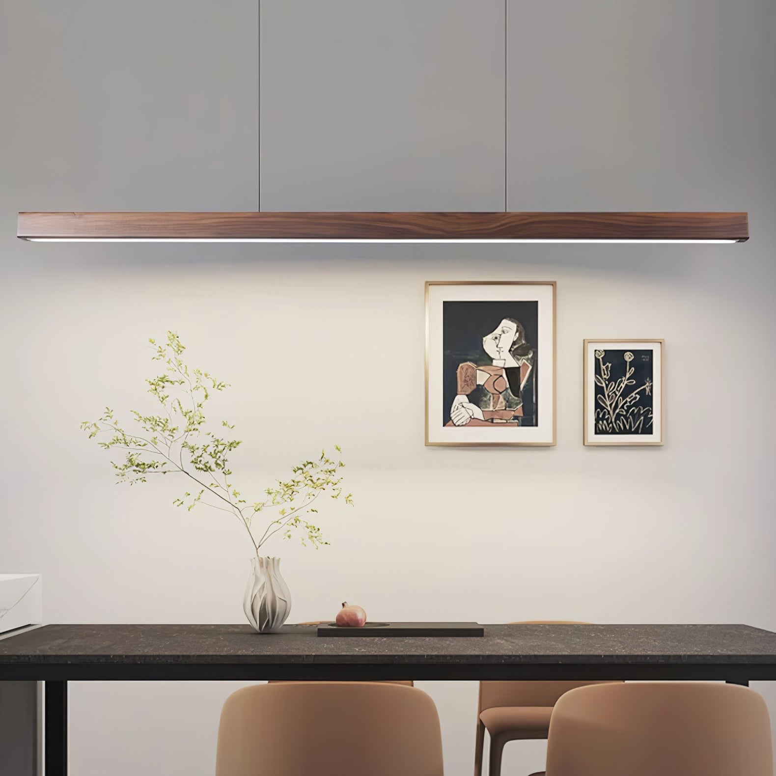 Linear Wood Pendant Light - Modern Organic Hanging Bar for Kitchen Island & Dining Table