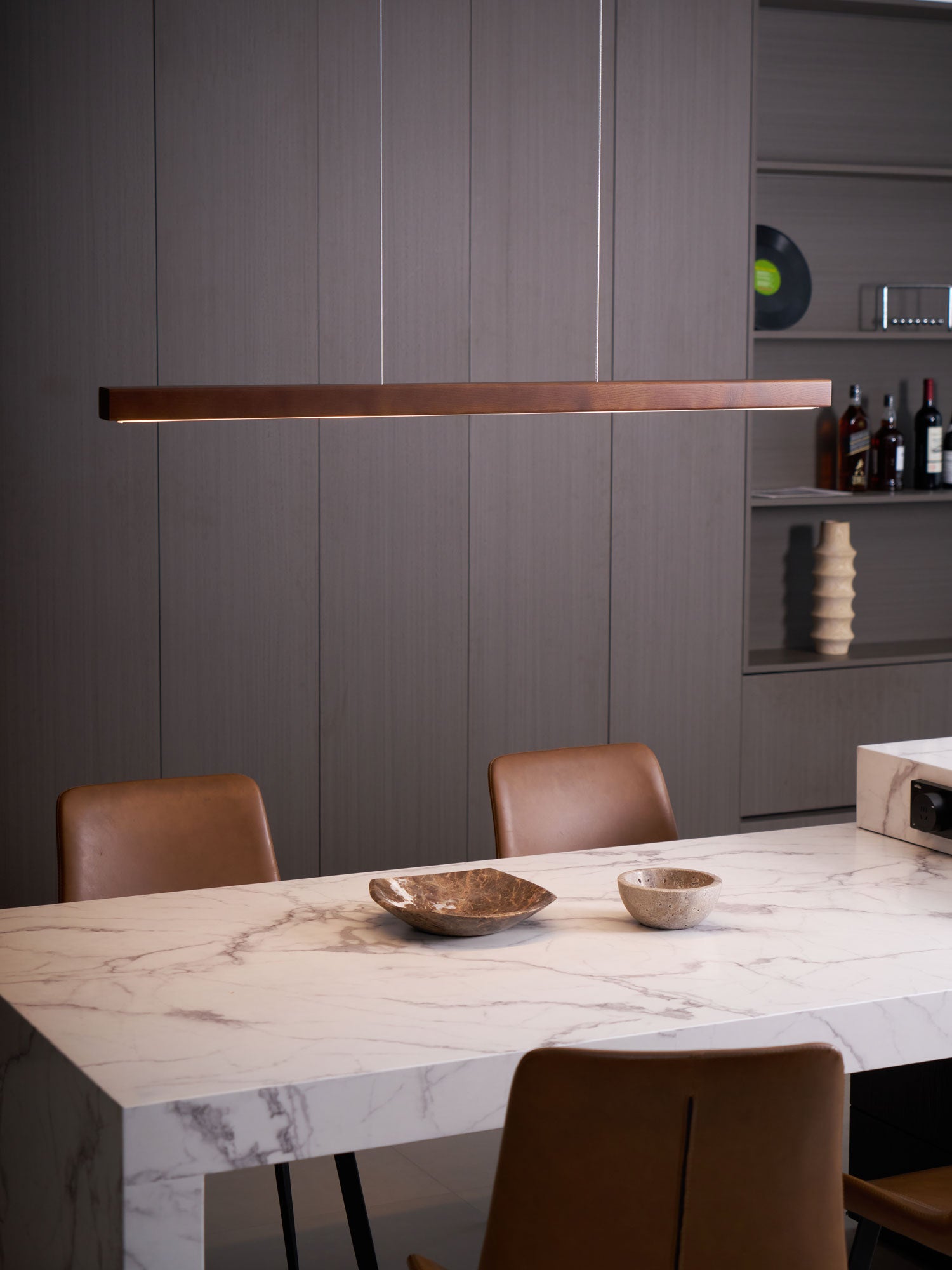 Linear Wood Pendant Light - Modern Organic Hanging Bar for Kitchen Island & Dining Table