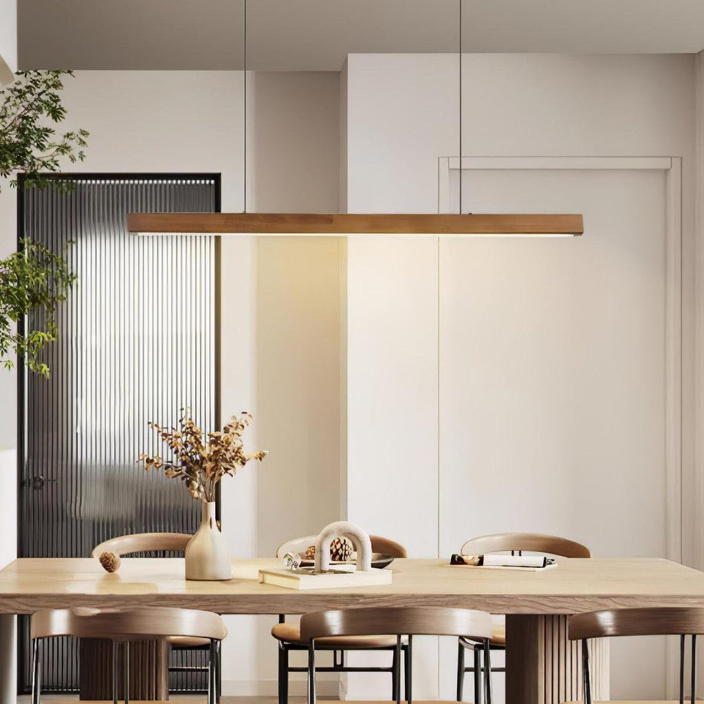 Linear Wood Pendant Light - Modern Organic Hanging Bar for Kitchen Island & Dining Table