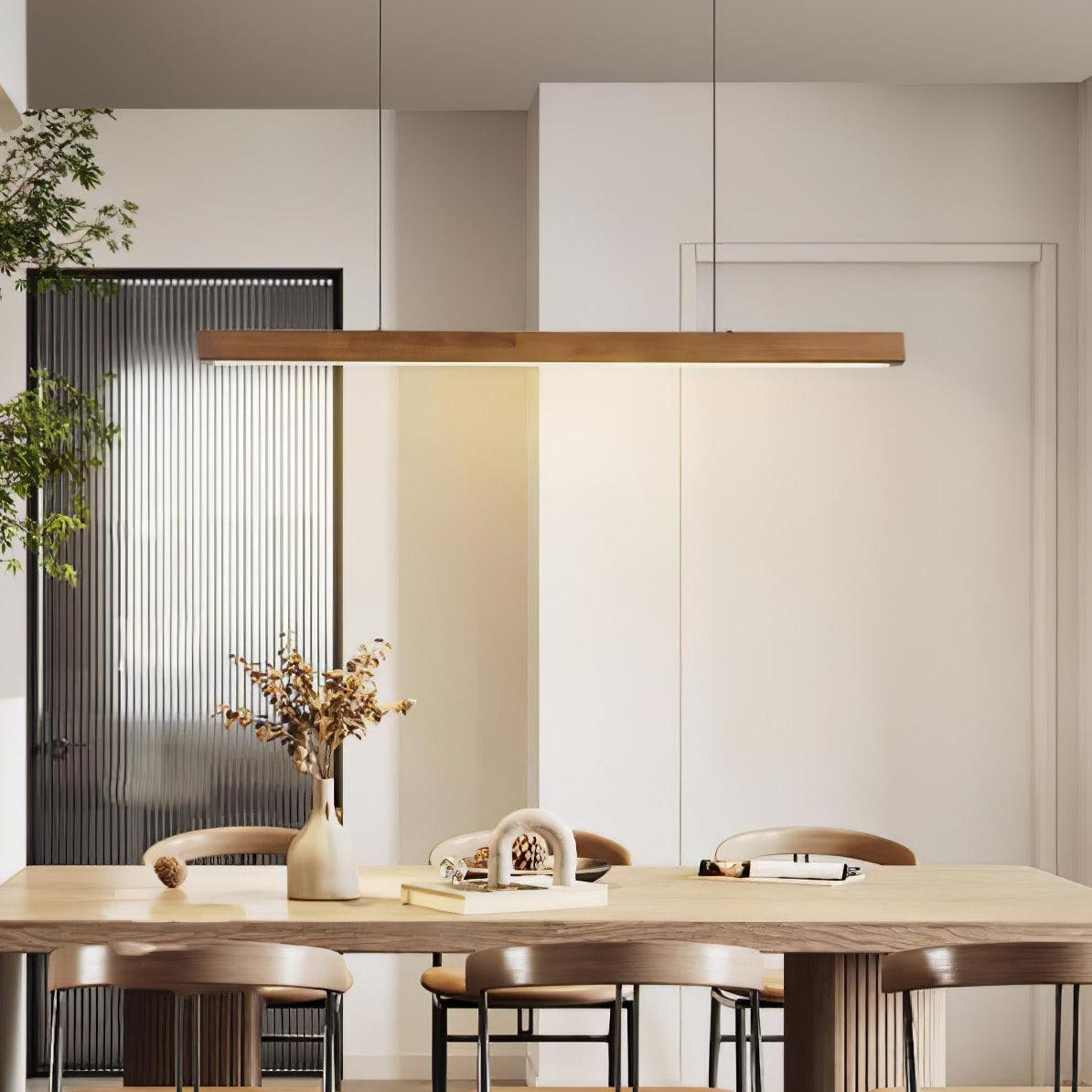 Linear Wood Pendant Light - Modern Organic Hanging Bar for Kitchen Island & Dining Table