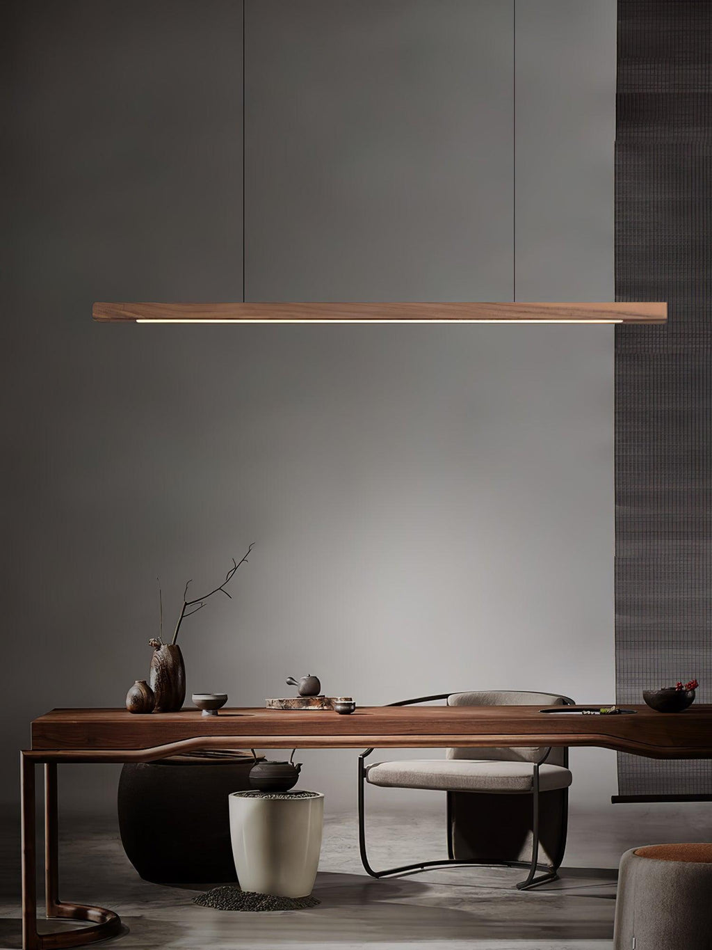 Linear Wood Pendant Light - Modern Organic Hanging Bar for Kitchen Island & Dining Table