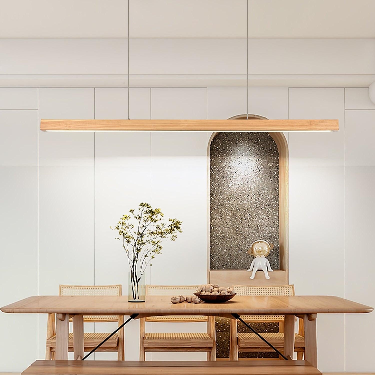 Linear Wood Pendant Light - Modern Organic Hanging Bar for Kitchen Island & Dining Table