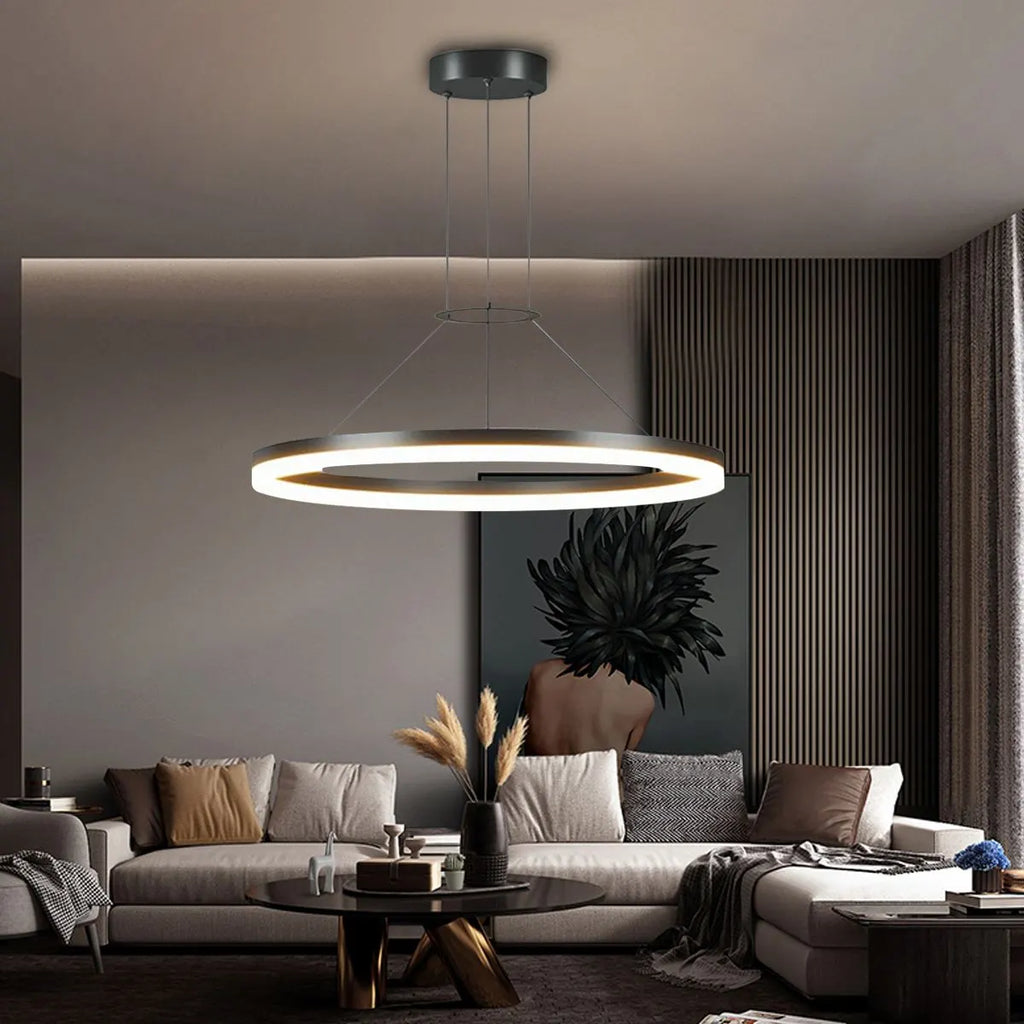 Modern Circular LED Pendant - Minimalist Halo Hanging Light for Living Room & Kitchen Island