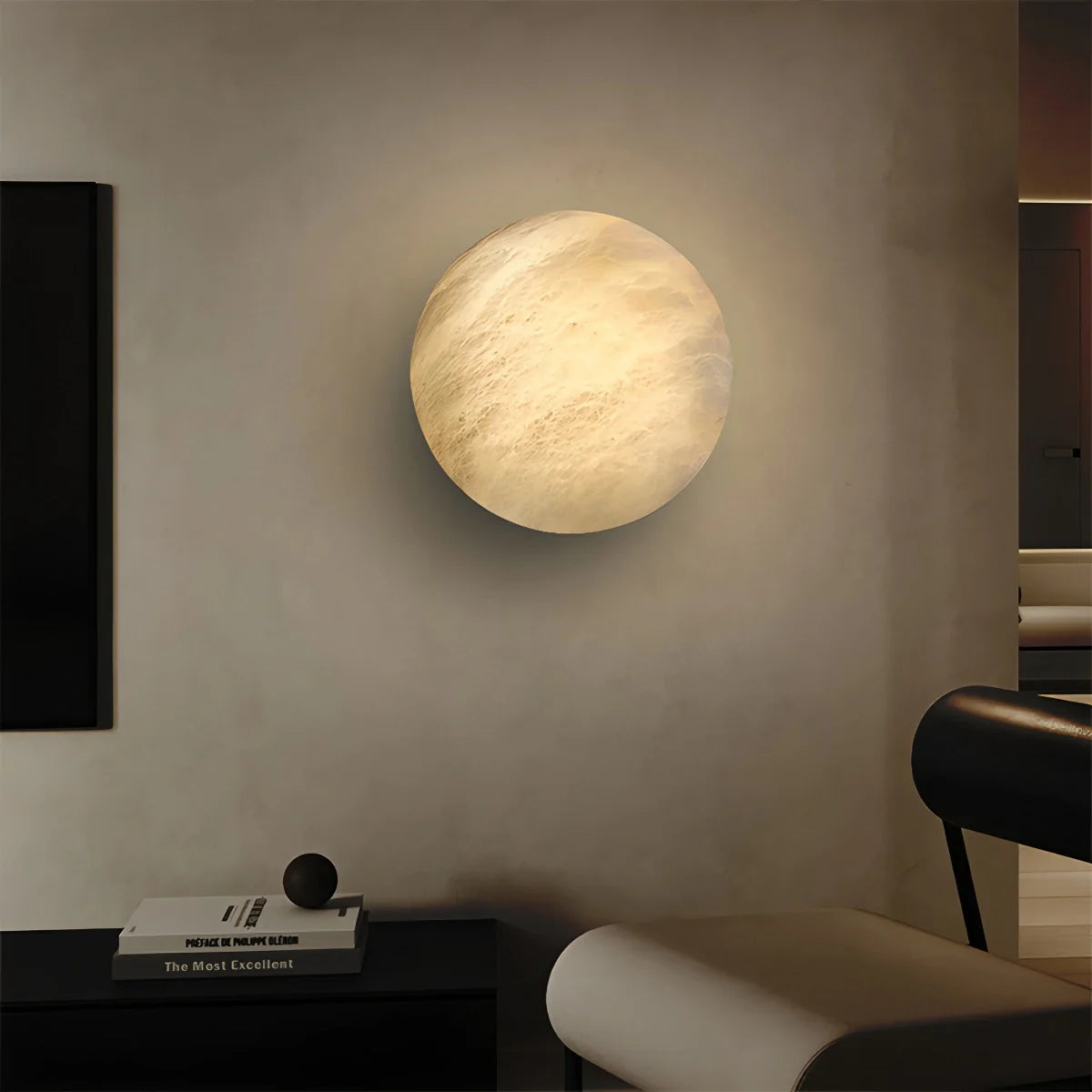 Modern Alabaster Moon Sconce - Luxury Spanish Stone Circular Wall Lamp for Bedroom & Hallway