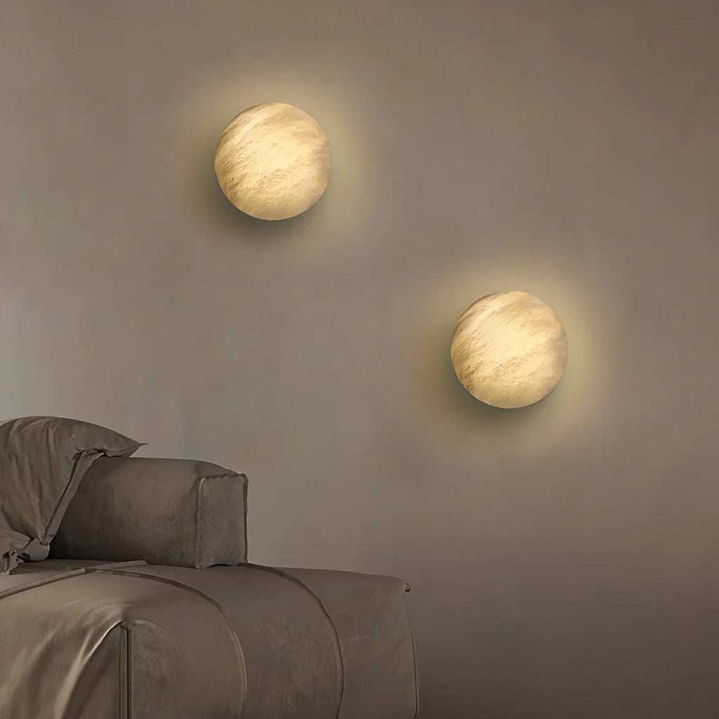 Modern Alabaster Moon Sconce - Luxury Spanish Stone Circular Wall Lamp for Bedroom & Hallway