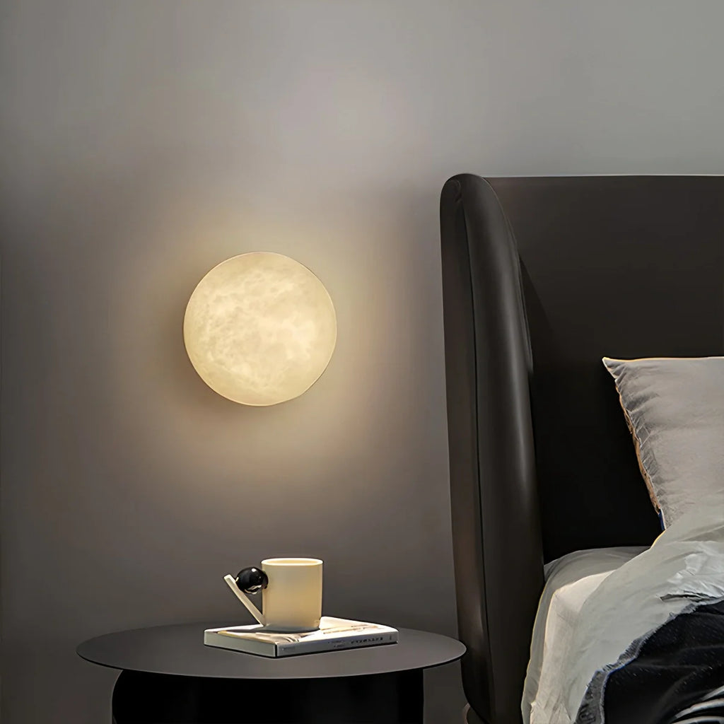 Modern Alabaster Moon Sconce - Luxury Spanish Stone Circular Wall Lamp for Bedroom & Hallway