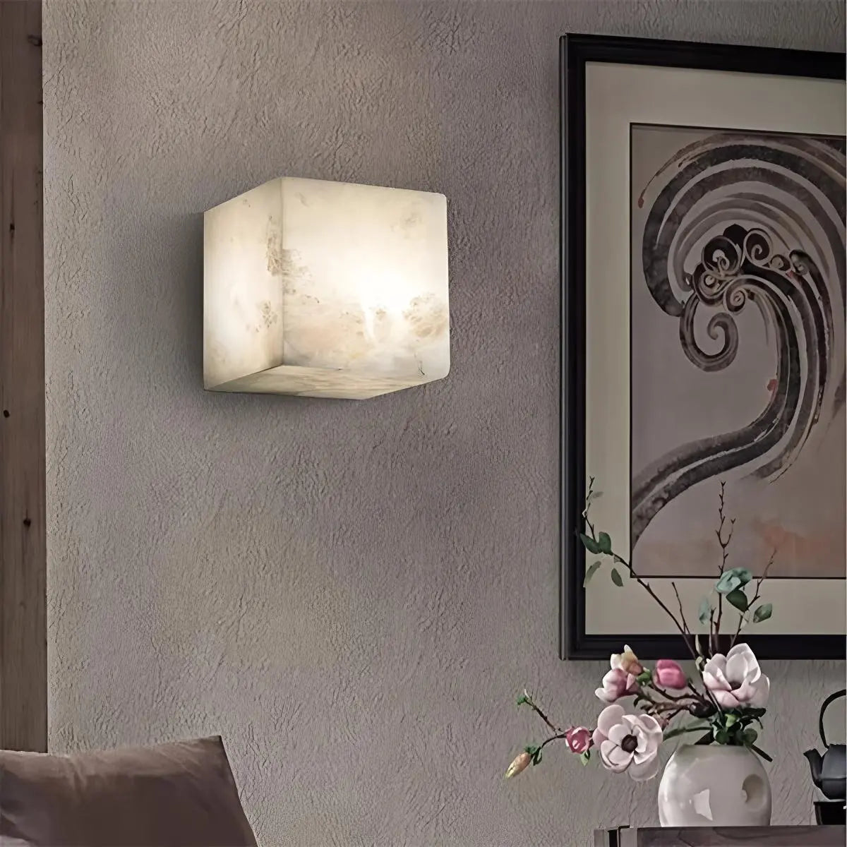 Modern Square Alabaster Sconce - Luxury Spanish Stone Cube Wall Light for Living Room