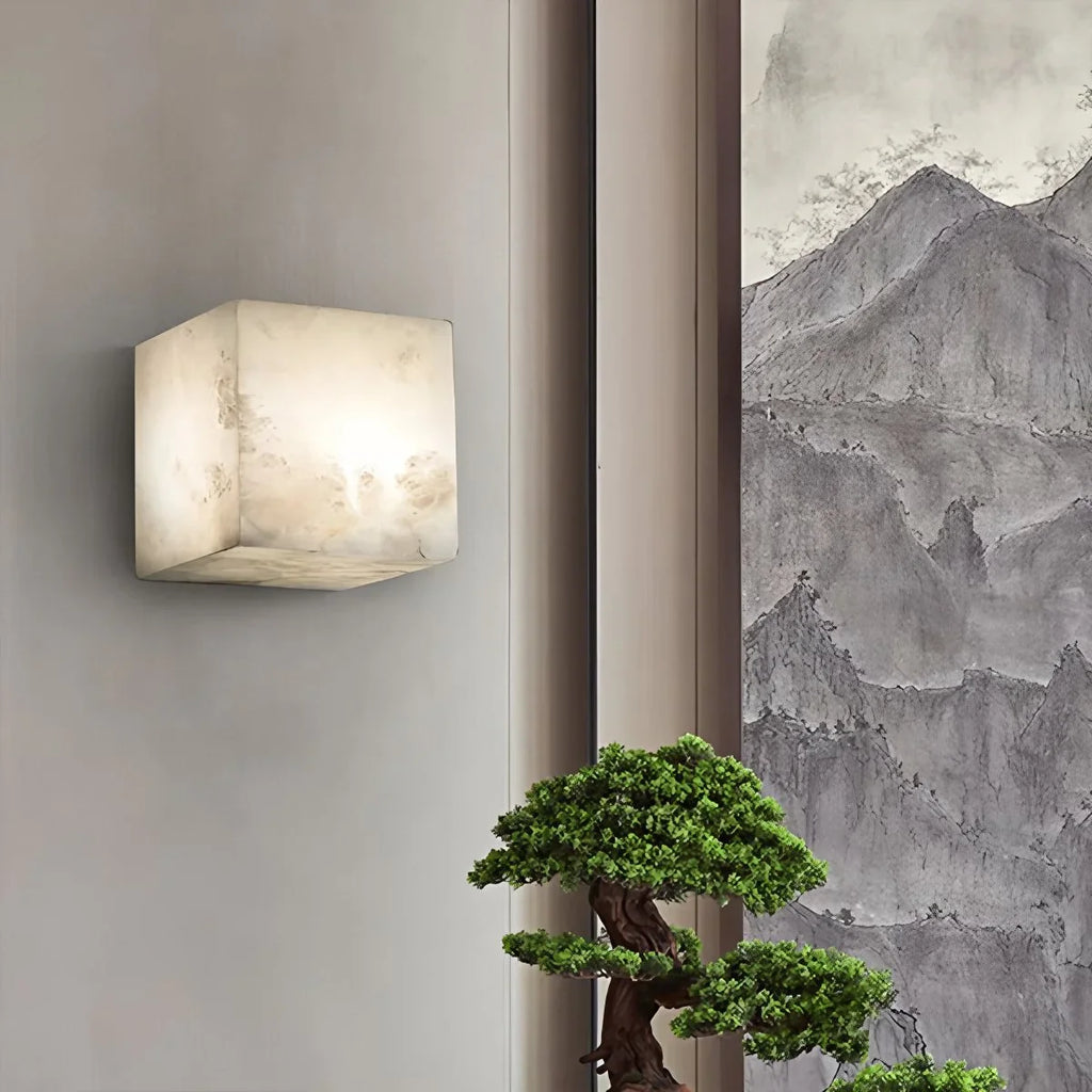 Modern Square Alabaster Sconce - Luxury Spanish Stone Cube Wall Light for Living Room