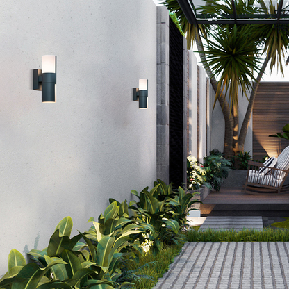 Irondale Modern Sensor Outdoor Wall Sconce - Black Metal & Acrylic Cylinder Garden
