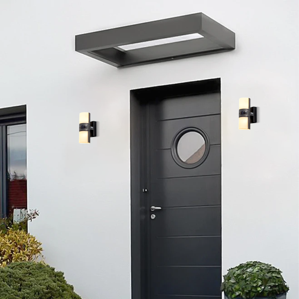 Irondale Modern Sensor Outdoor Wall Sconce - Black Metal & Acrylic Cylinder Garden