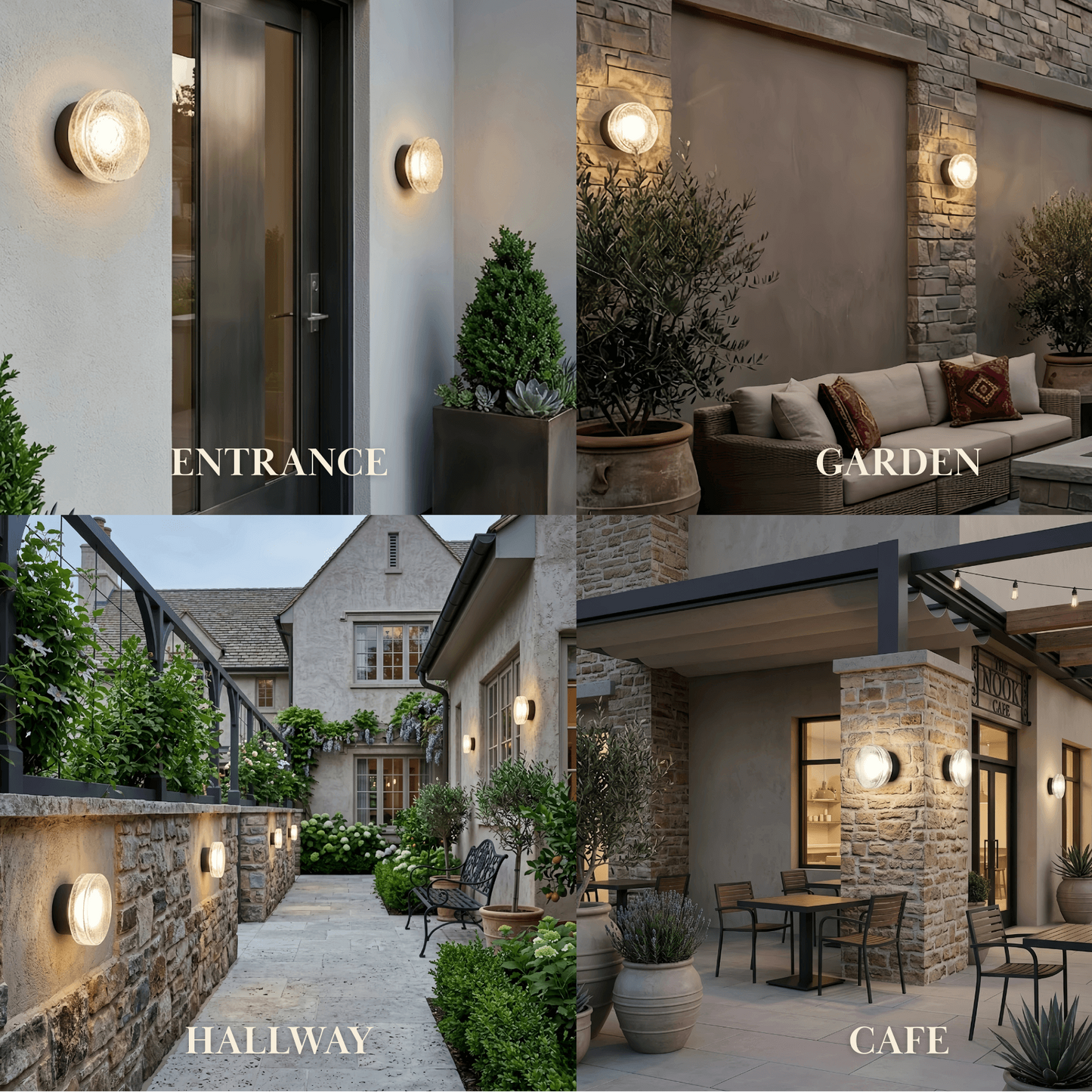 Embrace Modern Outdoor Wall Lamp - Clear Glass & Metal Round Design for Patio
