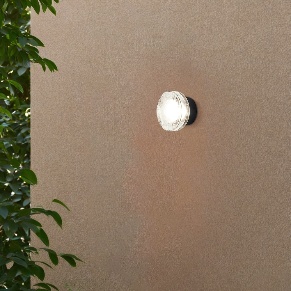 Embrace Modern Outdoor Wall Lamp - Clear Glass & Metal Round Design for Patio