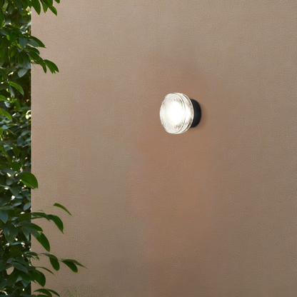 Embrace Modern Outdoor Wall Lamp - Clear Glass & Metal Round Design for Patio