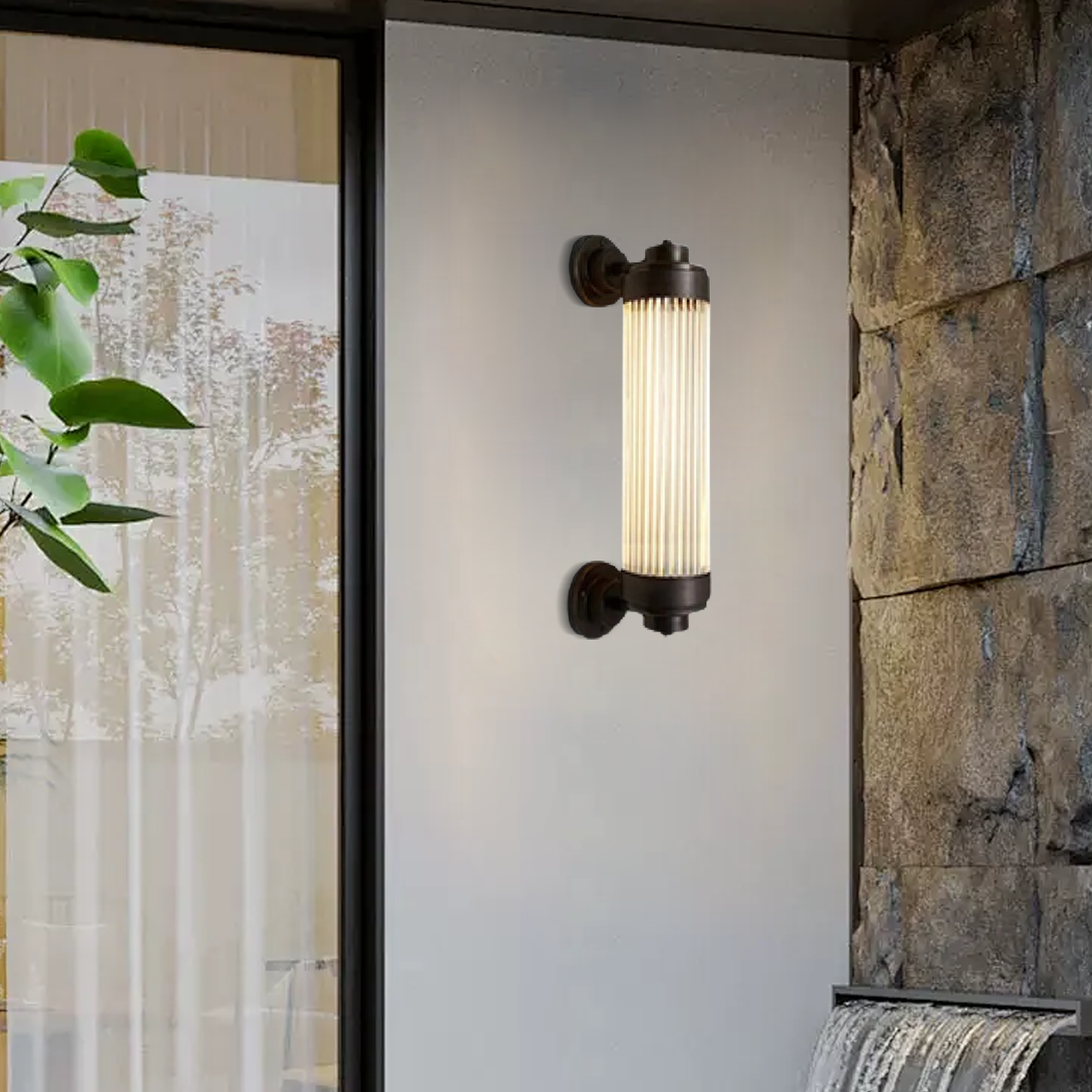Irondale Modern Outdoor Wall Lamp - Bronze Glass Cylindrical Design for Garden & Patio