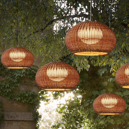 Bamburo Farmhouse Coffee/Beige Outdoor Pendant Light Rattan Lantern Garden