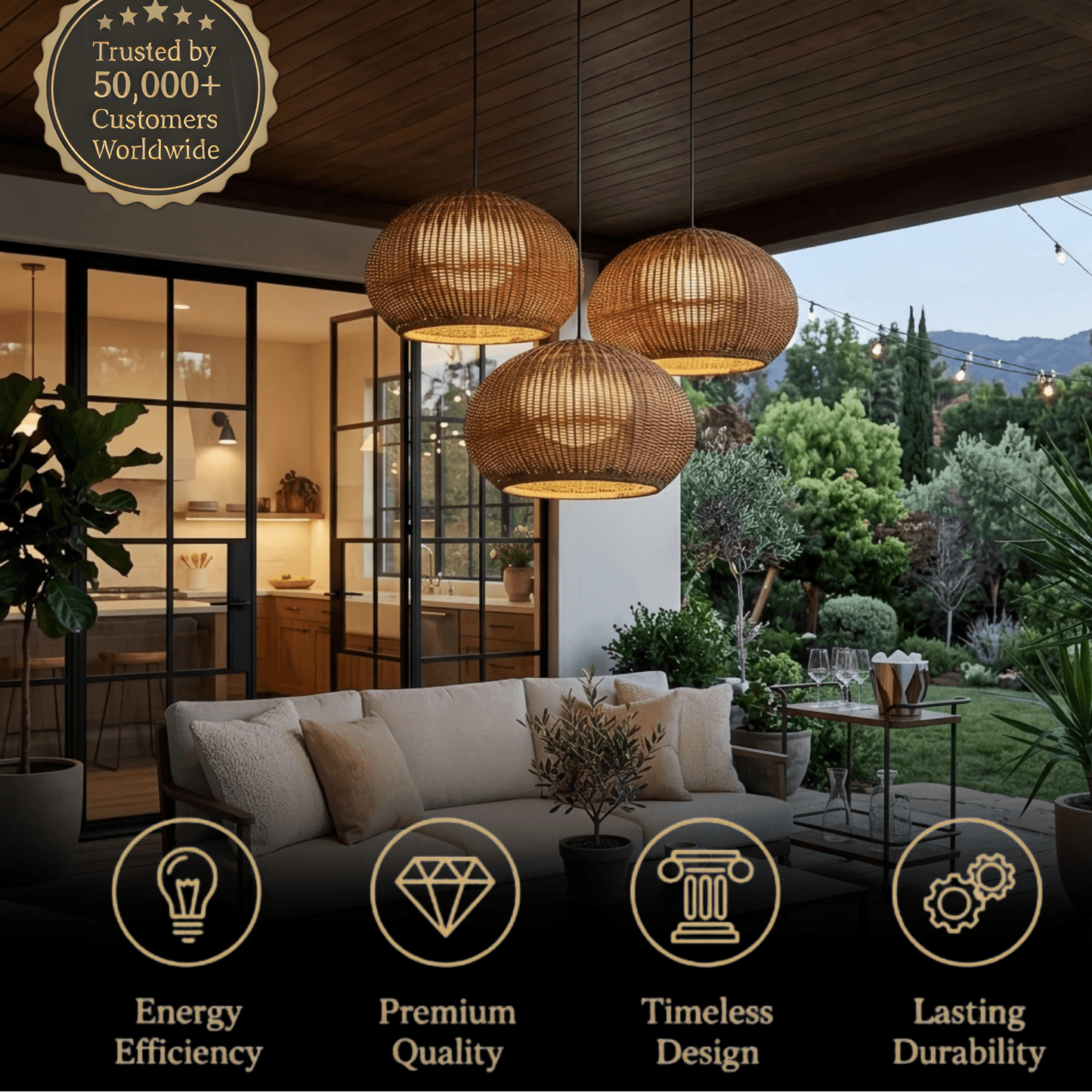 Bamburo Farmhouse Coffee/Beige Outdoor Pendant Light Rattan Lantern Garden