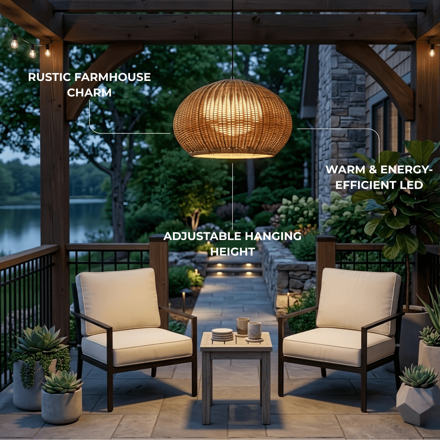 Bamburo Farmhouse Coffee/Beige Outdoor Pendant Light Rattan Lantern Garden