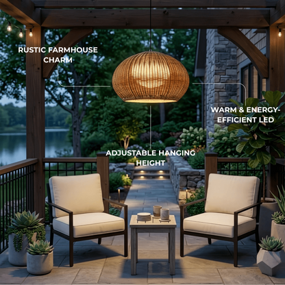 Bamburo Farmhouse Coffee/Beige Outdoor Pendant Light Rattan Lantern Garden