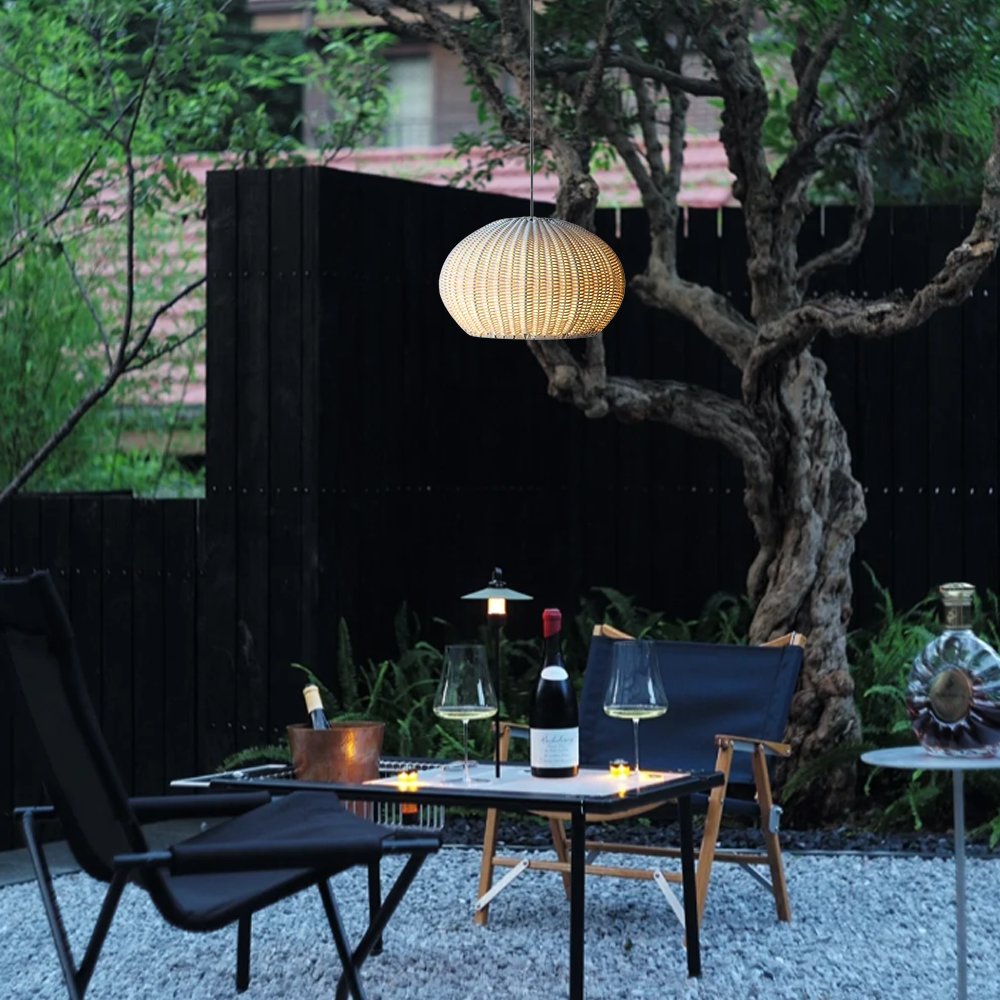 Bamburo Farmhouse Coffee/Beige Outdoor Pendant Light Rattan Lantern Garden