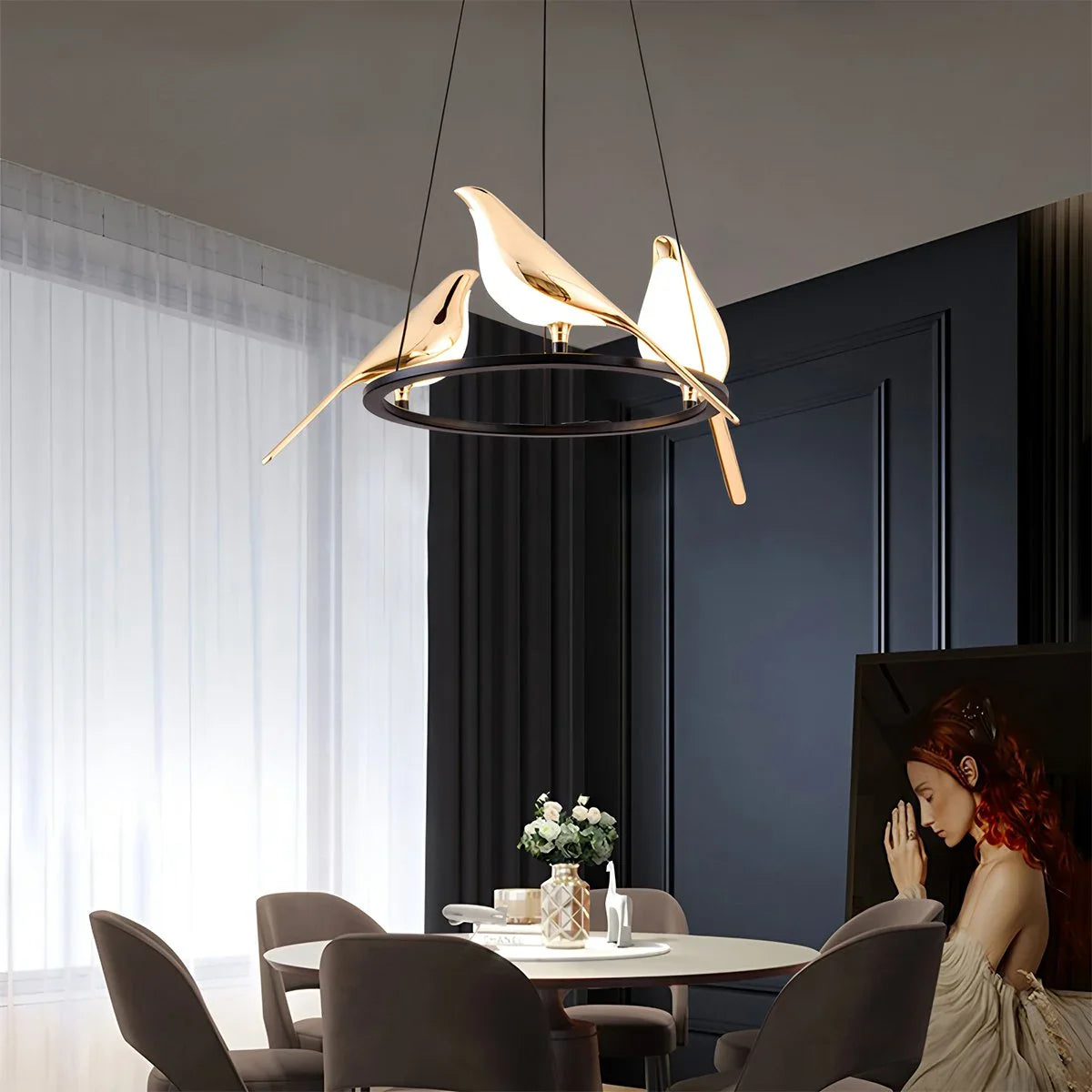 Modern Gold Bird Chandelier - Artistic Flying Swallows LED Pendant for High Ceiling & Living Room