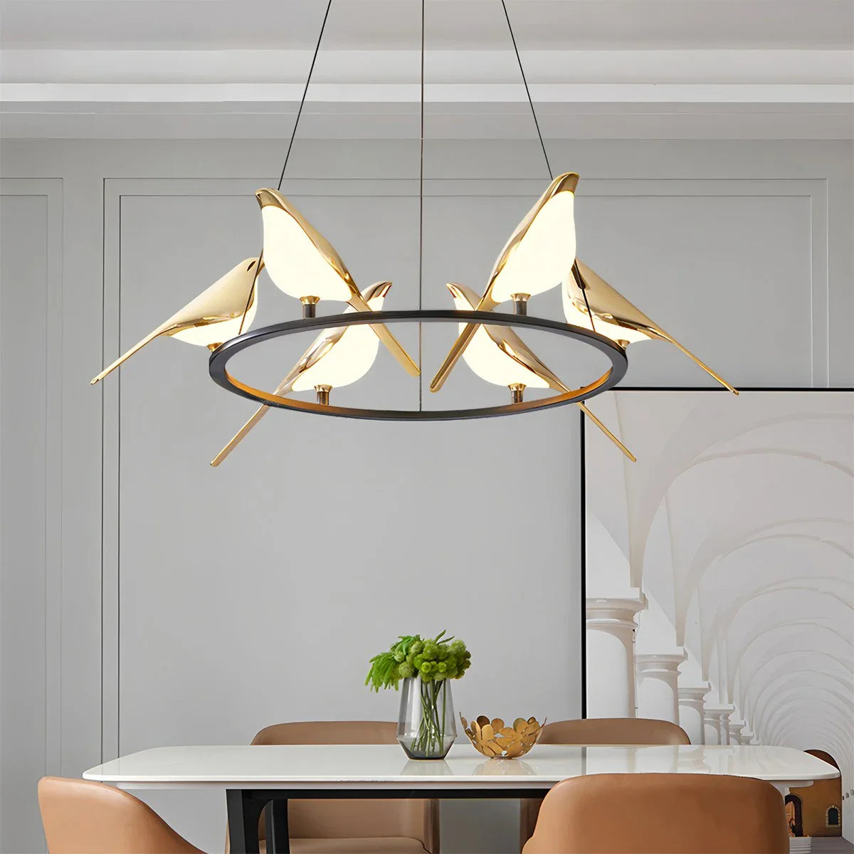 Modern Gold Bird Chandelier - Artistic Flying Swallows LED Pendant for High Ceiling & Living Room