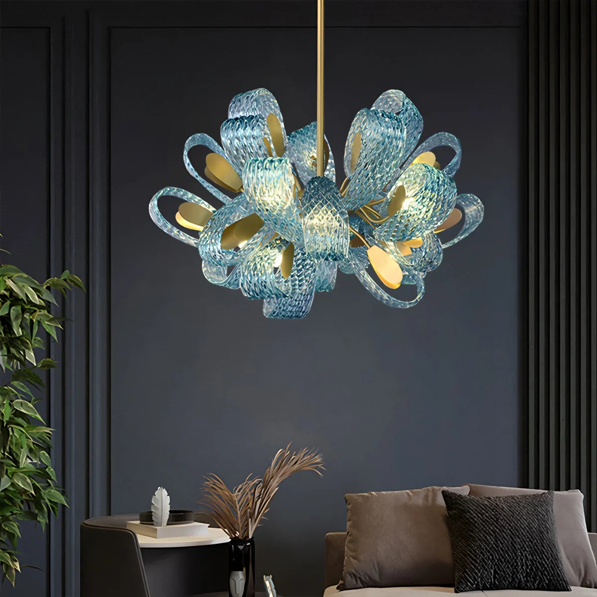 Blue Rippled Glass Chandelier for Dining Room