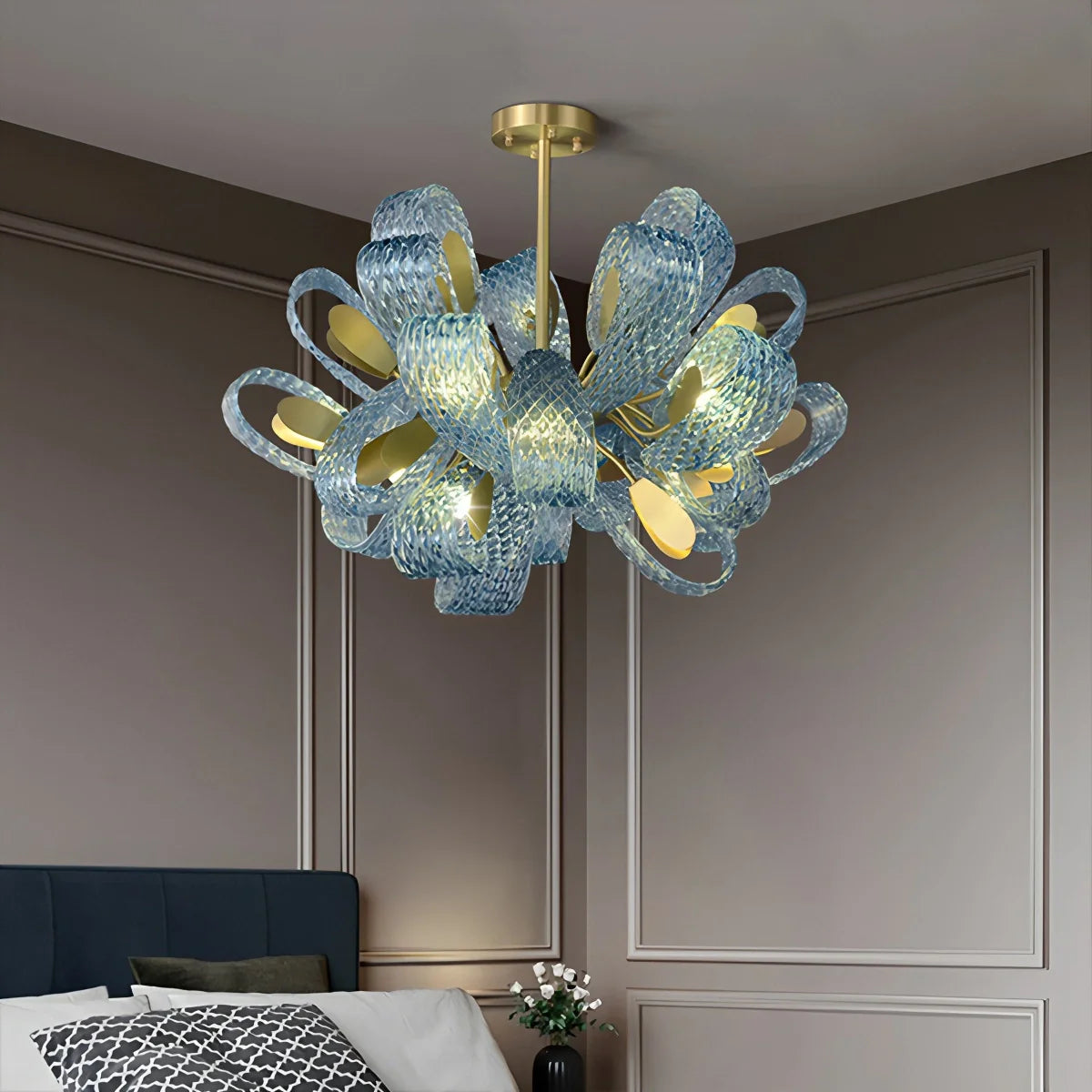 Blue Rippled Glass Chandelier for Dining Room