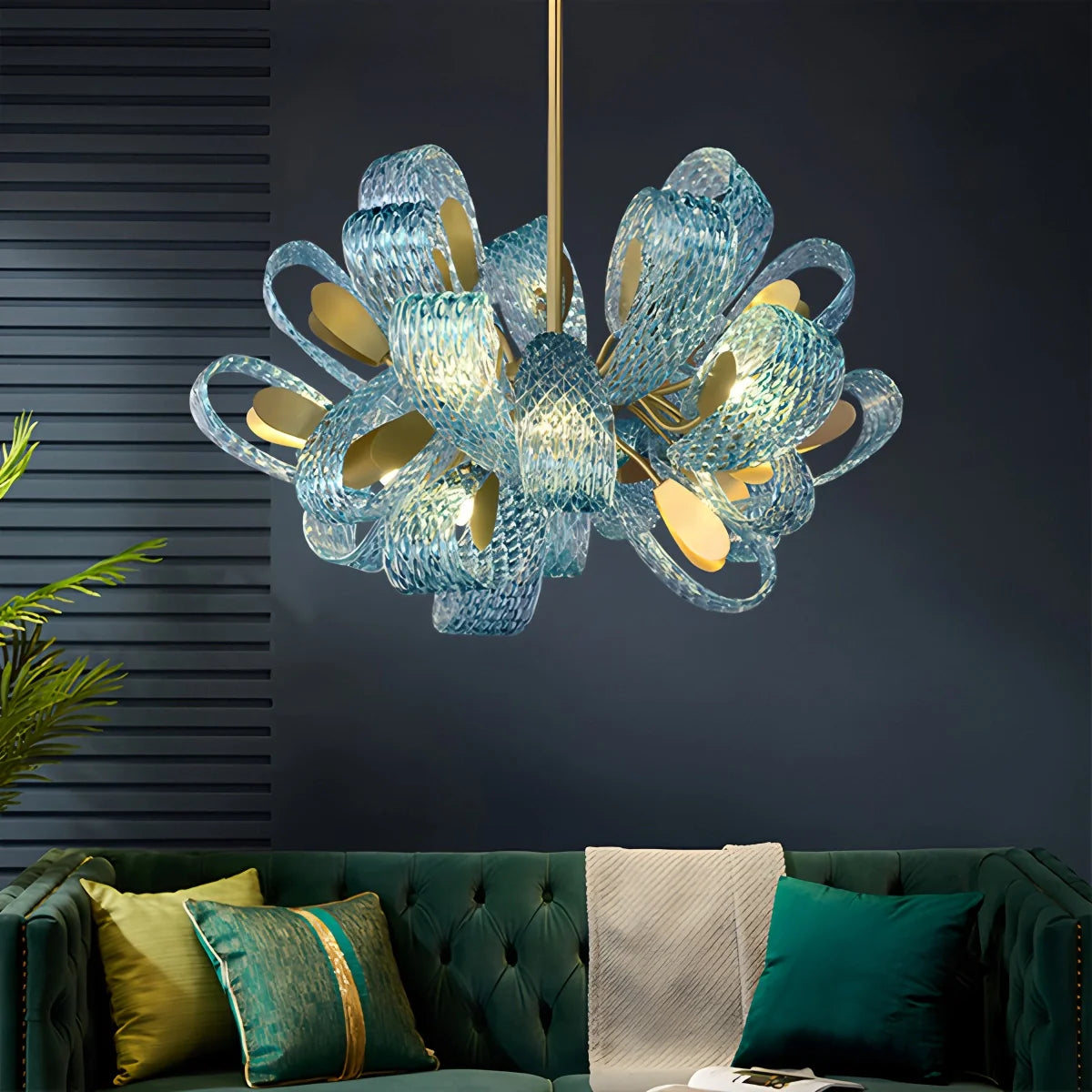 Blue Rippled Glass Chandelier for Dining Room