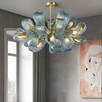 Peacock Blue Art Glass Chandelier - Hand-Blown Rippled Glass Pendant for Luxury Dining Room