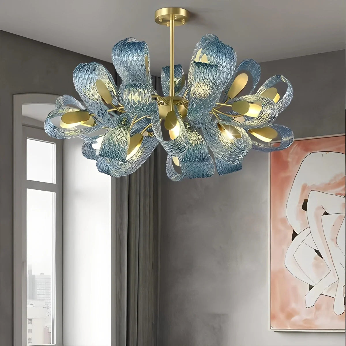Blue Rippled Glass Chandelier for Dining Room