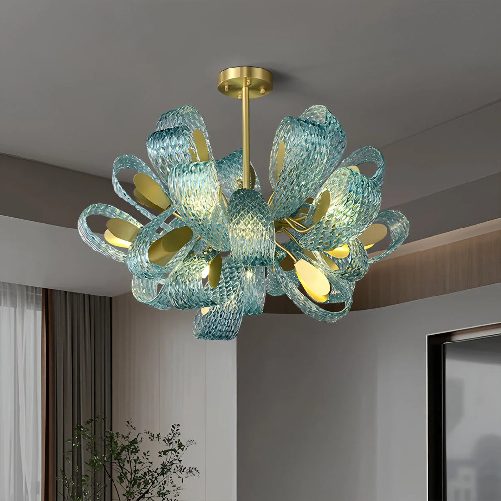Peacock Blue Art Glass Chandelier - Hand-Blown Rippled Glass Pendant for Luxury Dining Room