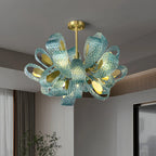 Peacock Blue Art Glass Chandelier - Hand-Blown Rippled Glass Pendant for Luxury Dining Room