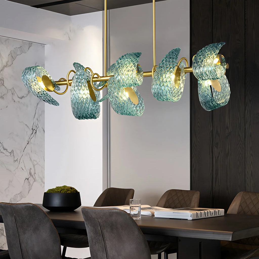 Peacock Blue Art Glass Chandelier - Hand-Blown Rippled Glass Pendant for Luxury Dining Room