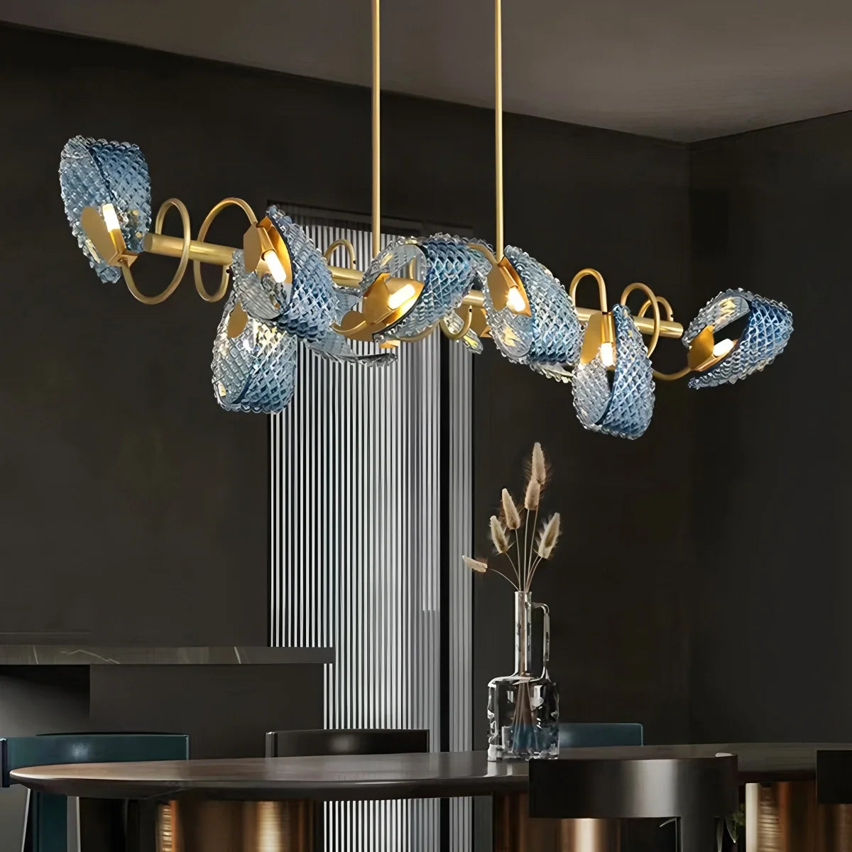 Blue Rippled Glass Chandelier for Dining Room
