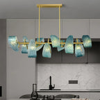 Peacock Blue Art Glass Chandelier - Hand-Blown Rippled Glass Pendant for Luxury Dining Room