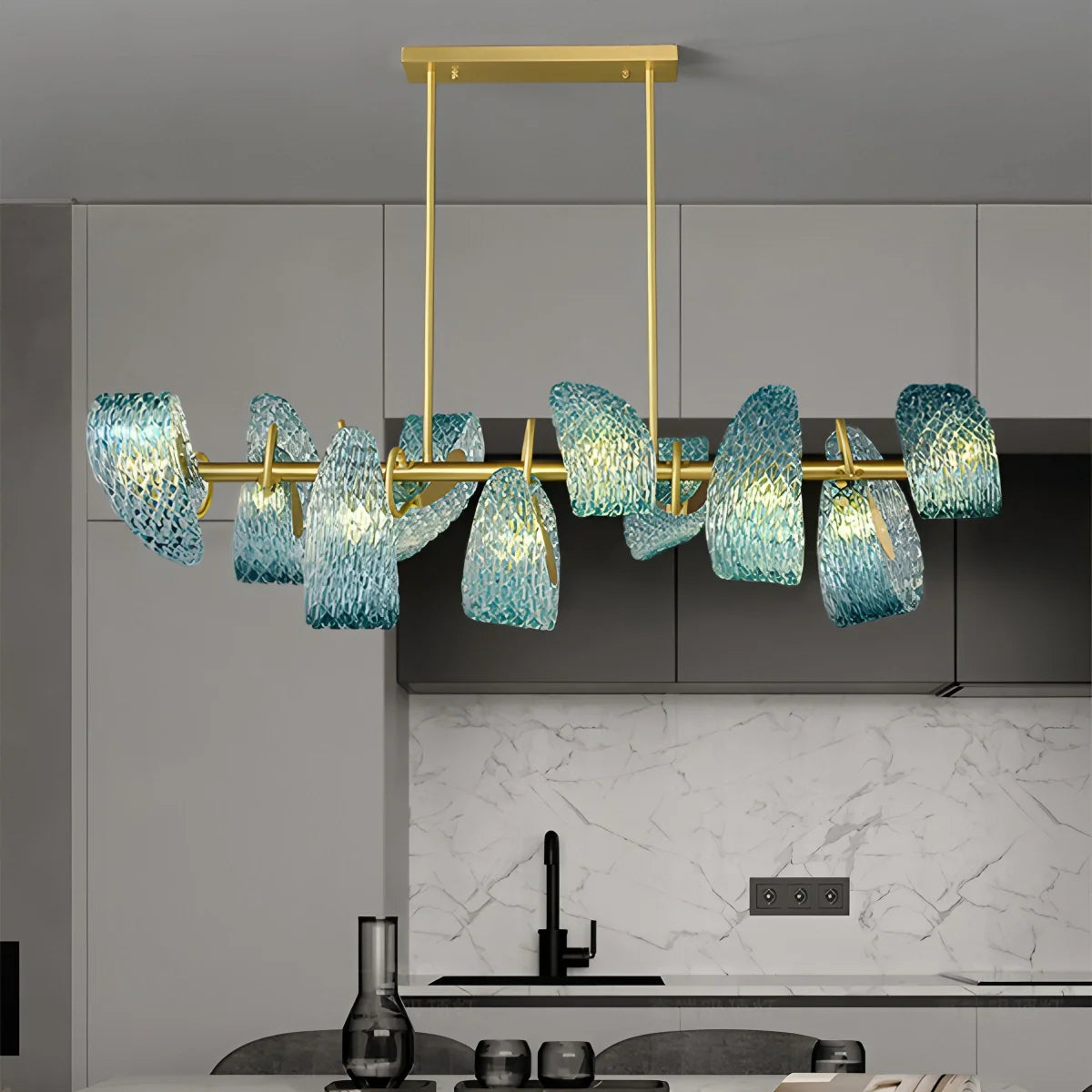 Peacock Blue Art Glass Chandelier - Hand-Blown Rippled Glass Pendant for Luxury Dining Room