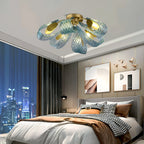 Peacock Blue Art Glass Chandelier - Hand-Blown Rippled Glass Pendant for Luxury Dining Room