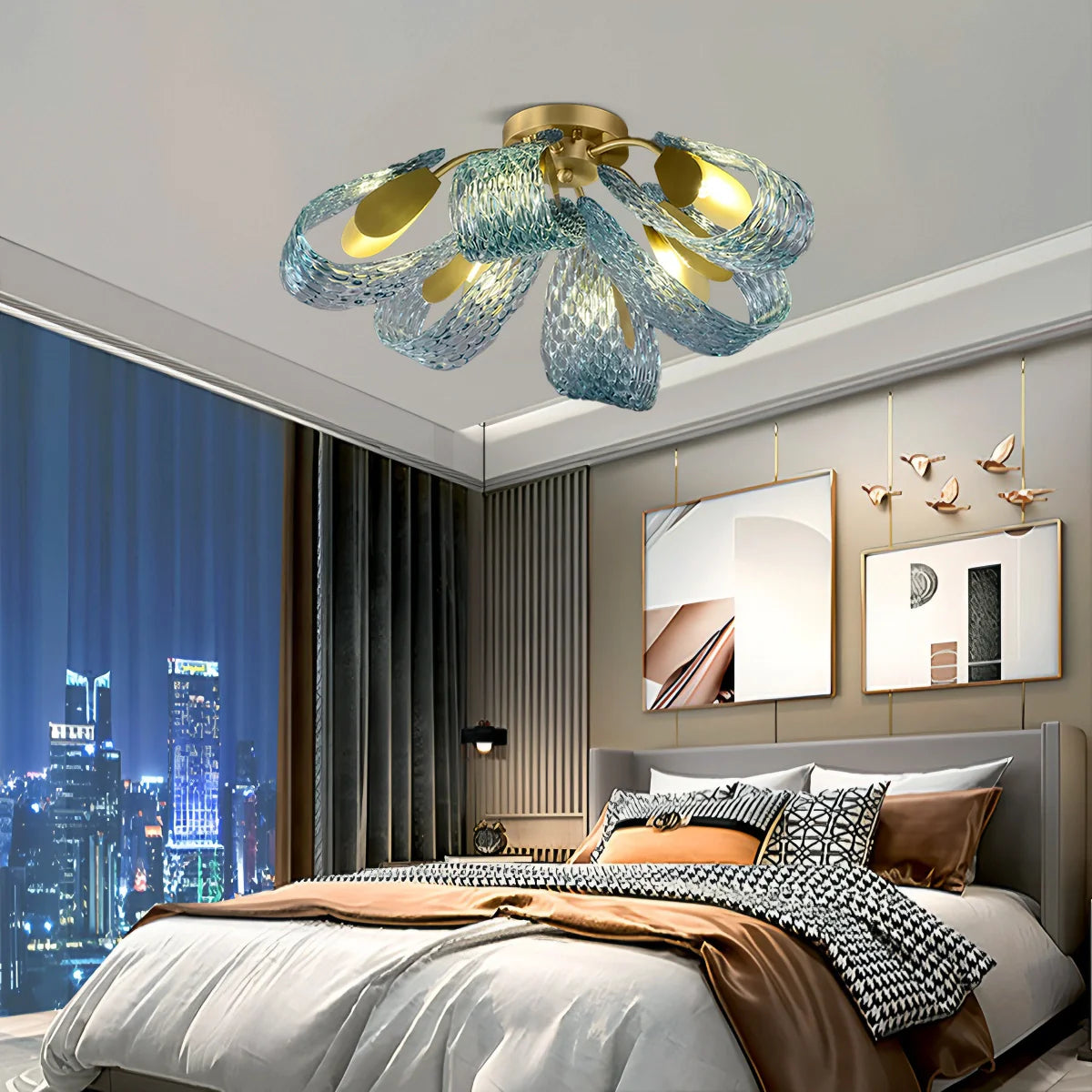 Peacock Blue Art Glass Chandelier - Hand-Blown Rippled Glass Pendant for Luxury Dining Room